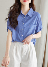 Load image into Gallery viewer, Fine Blue Peter Pan Collar Striped Button Patchwork Cotton Shirt Summer