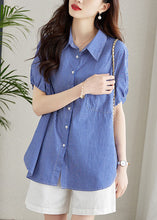 Load image into Gallery viewer, Fine Blue Peter Pan Collar Striped Button Patchwork Cotton Shirt Summer