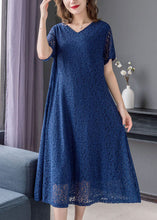 Load image into Gallery viewer, Fine Blue V Neck Wrinkled Patchwork Lace Dress Summer