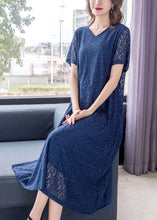 Load image into Gallery viewer, Fine Blue V Neck Wrinkled Patchwork Lace Dress Summer