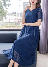 Load image into Gallery viewer, Fine Blue V Neck Wrinkled Patchwork Lace Dress Summer