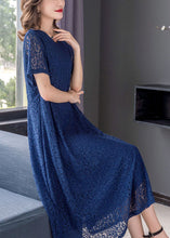 Load image into Gallery viewer, Fine Blue V Neck Wrinkled Patchwork Lace Dress Summer