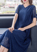 Load image into Gallery viewer, Fine Blue V Neck Wrinkled Patchwork Lace Dress Summer