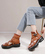 Load image into Gallery viewer, Fine Brown Cowhide Leather Buckle Strap Platform Peep Toe Sandals