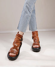 Load image into Gallery viewer, Fine Brown Cowhide Leather Buckle Strap Platform Peep Toe Sandals