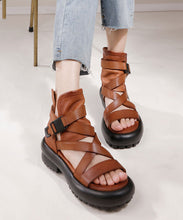 Load image into Gallery viewer, Fine Brown Cowhide Leather Buckle Strap Platform Peep Toe Sandals