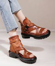 Load image into Gallery viewer, Fine Brown Cowhide Leather Buckle Strap Platform Peep Toe Sandals