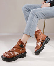 Load image into Gallery viewer, Fine Brown Cowhide Leather Buckle Strap Platform Peep Toe Sandals