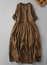 Load image into Gallery viewer, Fine Coffee V Neck Ruffled Patchwork Linen Dress Summer