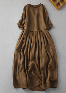 Fine Coffee V Neck Ruffled Patchwork Linen Dress Summer