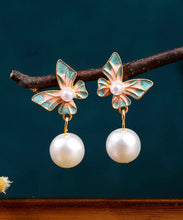 Load image into Gallery viewer, Fine Cyan Copper Overgild Acrylic Pearl Enamel Butterfly Drop Earrings