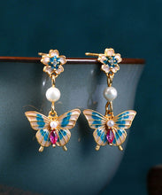 Load image into Gallery viewer, Fine Cyan Copper Overgild Acrylic Pearl Enamel Butterfly Drop Earrings