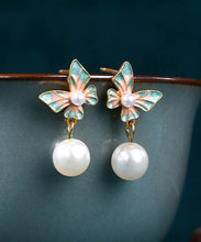 Load image into Gallery viewer, Fine Cyan Copper Overgild Acrylic Pearl Enamel Butterfly Drop Earrings