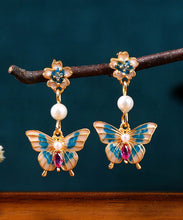 Load image into Gallery viewer, Fine Cyan Copper Overgild Acrylic Pearl Enamel Butterfly Drop Earrings