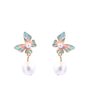 Load image into Gallery viewer, Fine Cyan Copper Overgild Acrylic Pearl Enamel Butterfly Drop Earrings