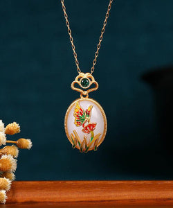 Fine Gold Copper Overgild Jade Crystal Butterfly Floral Pendant Necklace