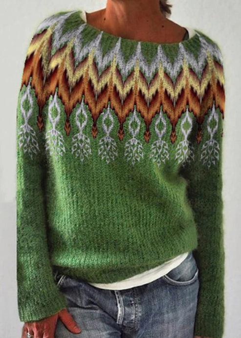 Fine Green O Neck Thick Print Knitted Sweaters Tops Fall