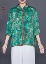 Load image into Gallery viewer, Fine Green Stand Collar Print Silk Shirts Summer