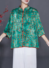 Load image into Gallery viewer, Fine Green Stand Collar Print Silk Shirts Summer