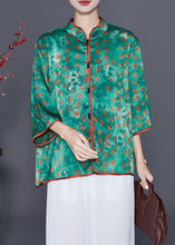 Load image into Gallery viewer, Fine Green Stand Collar Print Silk Shirts Summer