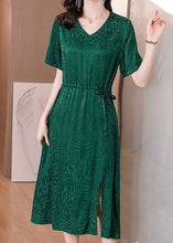 Load image into Gallery viewer, Fine Green V Neck Patchwork Drawstring Silk Mid Dress Summer