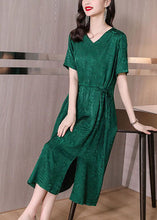 Load image into Gallery viewer, Fine Green V Neck Patchwork Drawstring Silk Mid Dress Summer