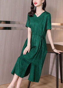 Fine Green V Neck Patchwork Drawstring Silk Mid Dress Summer