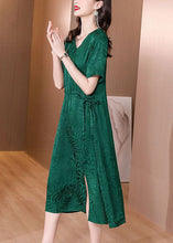 Load image into Gallery viewer, Fine Green V Neck Patchwork Drawstring Silk Mid Dress Summer