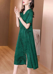 Fine Green V Neck Patchwork Drawstring Silk Mid Dress Summer