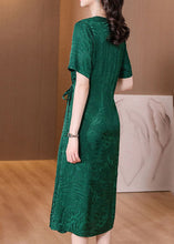 Load image into Gallery viewer, Fine Green V Neck Patchwork Drawstring Silk Mid Dress Summer