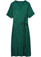 Load image into Gallery viewer, Fine Green V Neck Patchwork Drawstring Silk Mid Dress Summer