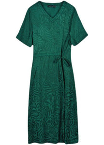 Fine Green V Neck Patchwork Drawstring Silk Mid Dress Summer