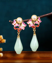 Load image into Gallery viewer, Fine Light Green Copper Overgild Pearl Jade Butterfly Floral Drop Earrings