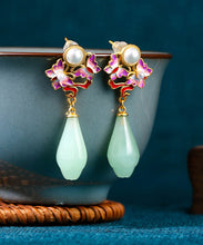 Load image into Gallery viewer, Fine Light Green Copper Overgild Pearl Jade Butterfly Floral Drop Earrings