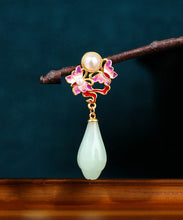 Load image into Gallery viewer, Fine Light Green Copper Overgild Pearl Jade Butterfly Floral Drop Earrings