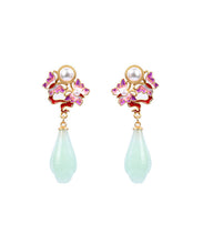 Load image into Gallery viewer, Fine Light Green Copper Overgild Pearl Jade Butterfly Floral Drop Earrings