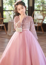 Load image into Gallery viewer, Fine Pink O-Neck Patchwork Tulle Girls Maxi Dress Winter