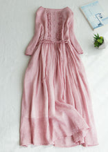 Load image into Gallery viewer, Fine Pink Ruffled Tie Waist Patchwork Linen Dress Summer