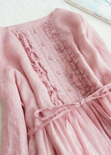 Load image into Gallery viewer, Fine Pink Ruffled Tie Waist Patchwork Linen Dress Summer