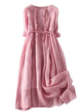 Load image into Gallery viewer, Fine Pink Ruffled Tie Waist Patchwork Linen Dress Summer