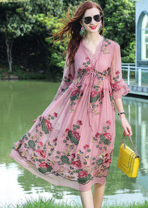 Fine Pink V Neck Embroidered Patchwork Silk Dresses Summer