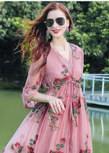 Load image into Gallery viewer, Fine Pink V Neck Embroidered Patchwork Silk Dresses Summer