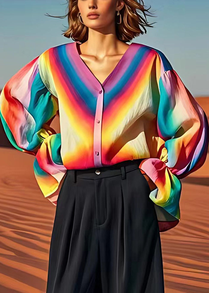 Fine Rainbow Oversized Tie Dye Linen Shirt Tops Lantern Sleeve