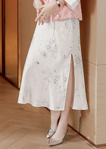 Fine White Print Side Open Silk Skirt Summer