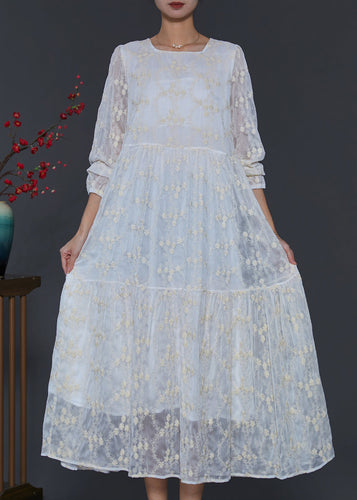 Fine White Square Colla Embroidered Silk Long Dress Spring