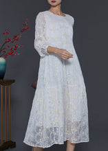 Load image into Gallery viewer, Fine White Square Colla Embroidered Silk Long Dress Spring