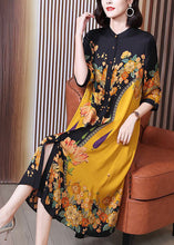 Load image into Gallery viewer, Fine Yellow Print Button Silk Long Shirts Dresses Summer