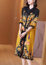 Load image into Gallery viewer, Fine Yellow Print Button Silk Long Shirts Dresses Summer