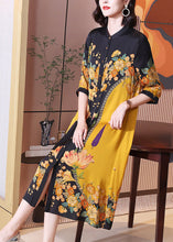 Load image into Gallery viewer, Fine Yellow Print Button Silk Long Shirts Dresses Summer