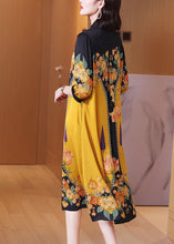 Load image into Gallery viewer, Fine Yellow Print Button Silk Long Shirts Dresses Summer